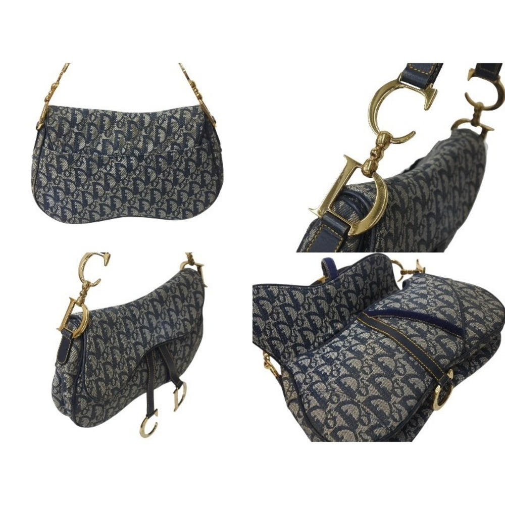 Dior Christian Double Canvas Saddle Trotter Blue Leather Bag Gold Navy - Picture 3 of 8